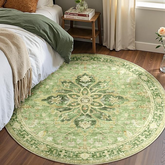 RELEANY Area Rugs Round 5ft Washable Non-Slip, Floral Vintage Distress Print Pattern Medallion Carpet for Living Room Bedroom Dining Room, Sage Green Yellow