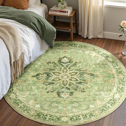 RELEANY Area Rugs Round 5ft Washable Non-Slip, Floral Vintage Distress Print Pattern Medallion Carpet for Living Room Bedroom Dining Room, Sage Green Yellow