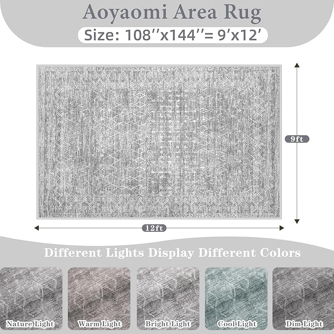 Area Rug for Living Room 9x12: Large Washable Boho Moroccan Rugs Geometric Neutral Rug, Non-Slip Foldable Morden Farmhouse Indoor Floor Carpet for Bedroom Dining Table Home (Moroccan Grey, 9'x12')