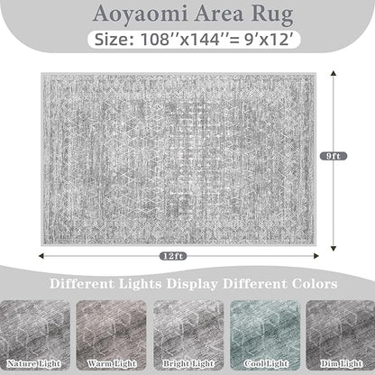 Area Rug for Living Room 9x12: Large Washable Boho Moroccan Rugs Geometric Neutral Rug, Non-Slip Foldable Morden Farmhouse Indoor Floor Carpet for Bedroom Dining Table Home (Moroccan Grey, 9'x12')