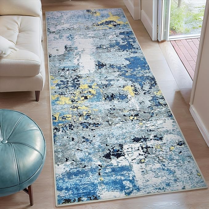 2x5 Runner Rugs for Hallways Kitchen Runner - Washable Runner Rug with Non Slip Rubber Backing, Soft Abstract Carpet Long Hallway Runners for Bedroom, Bathroom, Enterway(Blue)