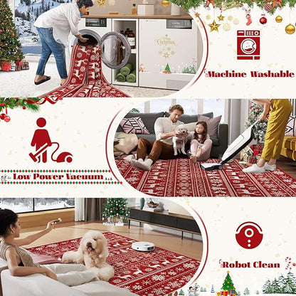 Christmas Rug 6x9 Washable Rugs, Boho Christmas Tree Snowflake Rug Non-Slip Soft Low Pile Non Shedding Indoor Holiday Carpet for Living Room Bedroom Dining Room Home Office (XmasRed, 6'x9')