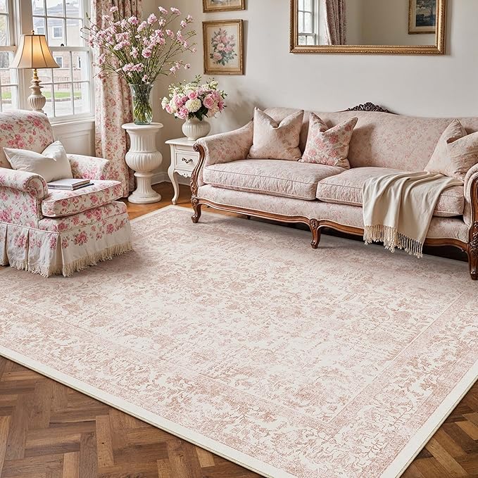 PureCozy Pink Area Rug 5x7 Machine Washable Vintage Living Room Distressed Non Slip Carpet Traditional Indoor Bedroom Retro Floral Accent Throw Large Rug Office Kitchen Bathroom Dining Room