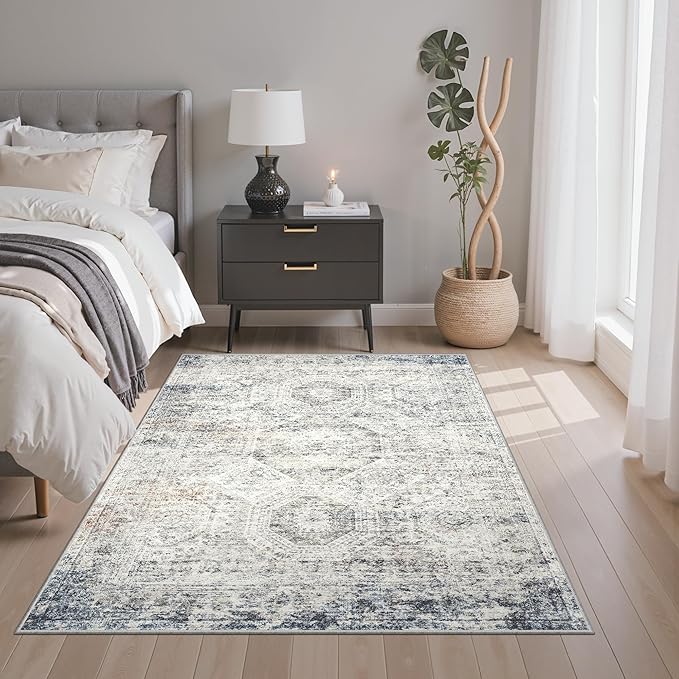 Soalmost 4x6 Area Rugs for Living Room, Vintage Washable Rugs for Dining Room, Bedroom, Home Office Decor, Non-Slip Blue Ivory Carpet Thin Rug