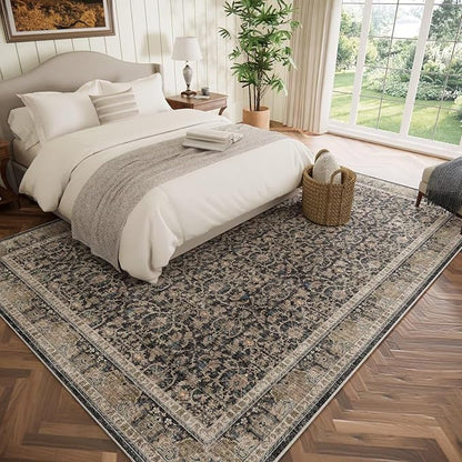Washable 8x10 Area Rugs for Living Room, Boho Non-Slip Vintage Distress Large Rugs for Bedroom Dining Room Nursery Office, 0.3" Neutral Oriental Throw Thin Carpet, Black/Blue/Multi,A1