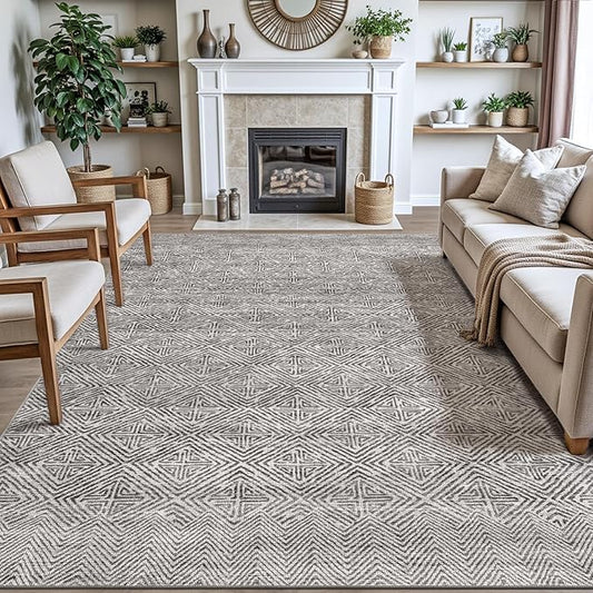 DEXI Area Rugs for Living Room, 8x10 Washable Low Pile Vintage Rug for Bedroom, Non Slip Large Indoor Carpet for Dining Office Nursery, Greyish Brown