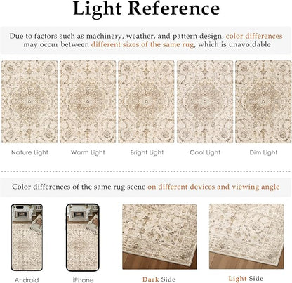 PureCozy 5x7 Beige Area Rug Washable Living Room Vintage Carpet Bedroom Distressed Non Slip Low Pile Thin Dining Room Office Medallion Accent Throw Rug