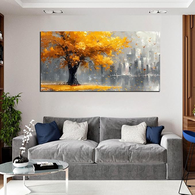 Large Yellow Tree Canvas Wall Art for Living Room Yellow and Grey Tree of Life Wall Art for Bedroom Office Modern Framed Canvas Prints Size 29x59