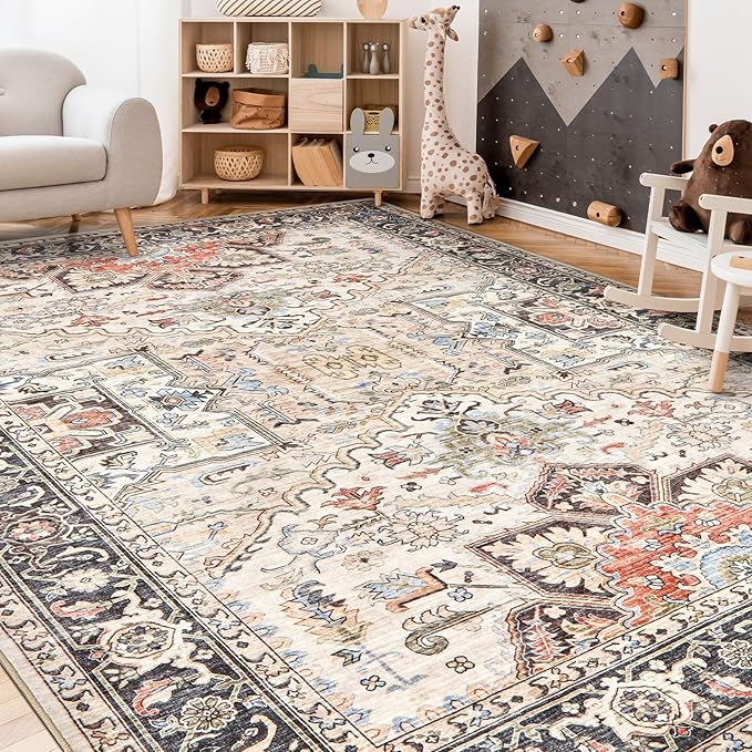 Area Rug for Living Room - 7x9 Soft Washable Oriental Vintage Floral Distressed Large Carpet - Fade Stain Resistant Non Slip Rugs for Bedroom Dining Room Nursery Dorm Office Home Decor - Multi