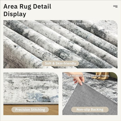 Soalmost Abstract Rug 8x10 Large Living Room Rugs Neutral Modern Washable Area Rugs for Bedroom Dining Room Non-Slip Stain Resistant Foldable Thin Rug Gray Blue