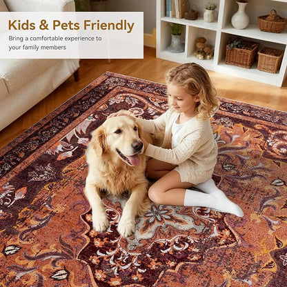 RUSHUFFY 8x10 Washable Rug for Living Room, Non-Slip Large Boho Vintage Print Pattern Carpet for Bedroom Dorm Dining Room Farmhouse Nursery Home Office, Orange & Red