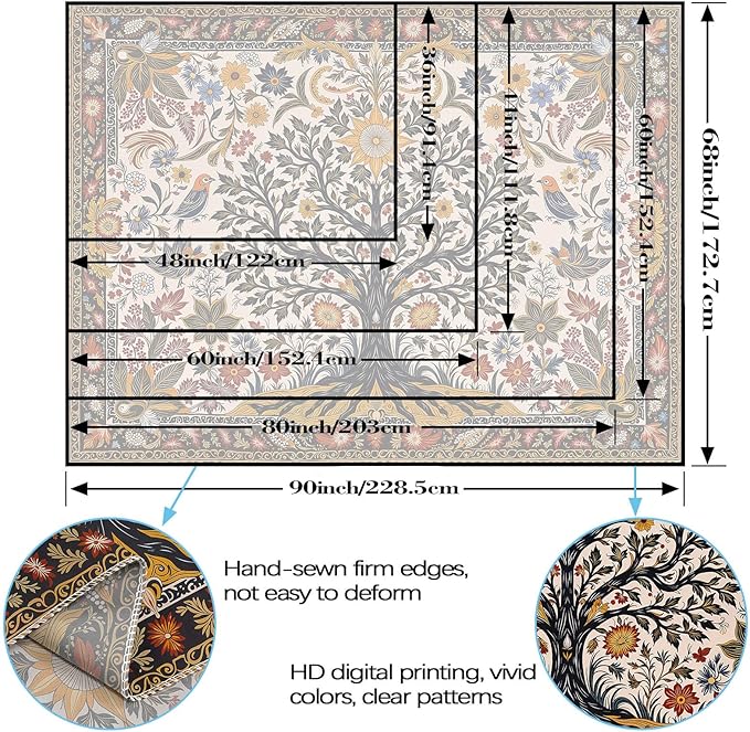 Lunerfex Folk Art Wall Tapestry - Tree of Life with Sun and Bird Wall Hanging for Bedroom and Living Room - Boho Floral Tapestries 90"x70"
