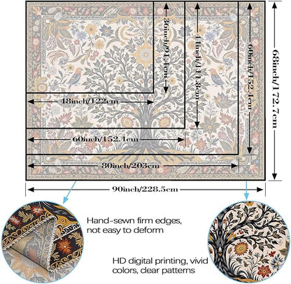 Lunerfex Folk Art Wall Tapestry - Tree of Life with Sun and Bird Wall Hanging for Bedroom and Living Room - Boho Floral Tapestries 90"x70"