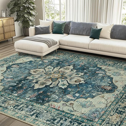 RELEANY Area Rugs 9'x12' Washable Non-Slip, Floral Vintage Distress Print Pattern Medallion Carpet for Living Room Bedroom Dining Room, Dark Blue Vintage