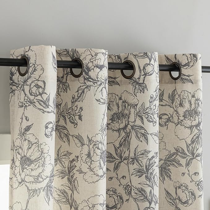 Taupe Floral Curtains for Living Room 108 Inches Long 2 Panels French Country Romantic Peony Patterned Vintage Farmhouse Linen Curtains Grommet Retro Window Treatments,50" W X 108" L
