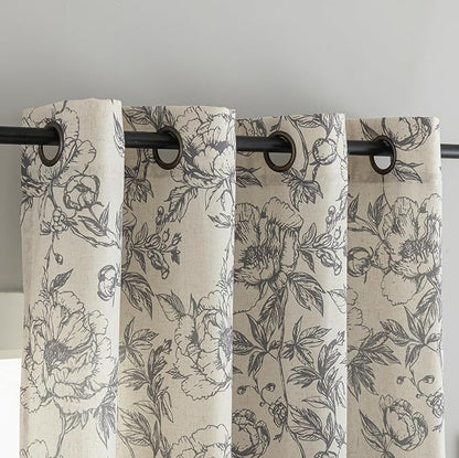 Taupe Floral Curtains for Living Room 108 Inches Long 2 Panels French Country Romantic Peony Patterned Vintage Farmhouse Linen Curtains Grommet Retro Window Treatments,50" W X 108" L