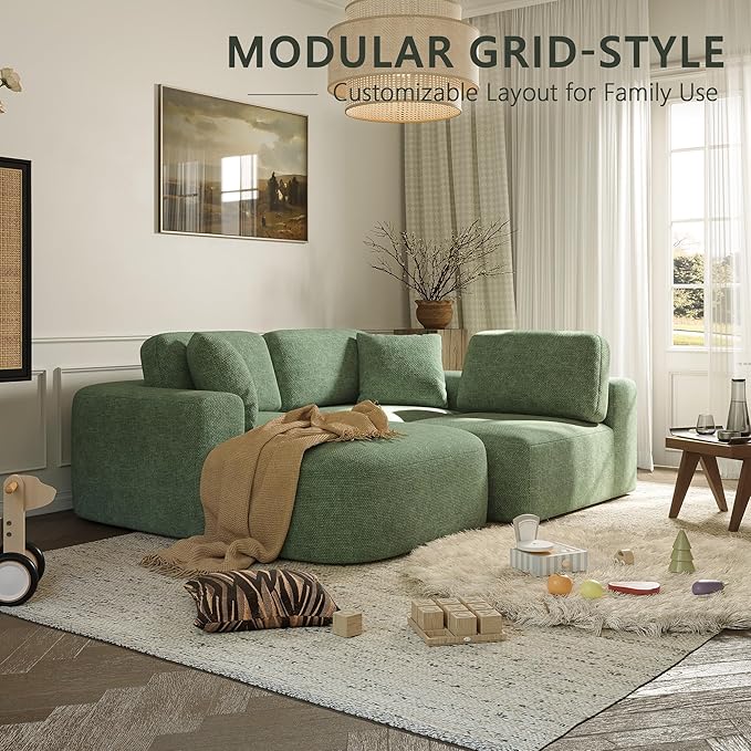 Dowinx 107'' Modular Sectional Sofa Couch with Chaise, No Assembly Required, Modern Woven-Textured Upholstery, Convertible L-Shaped Design for Living Room – Forest Green
