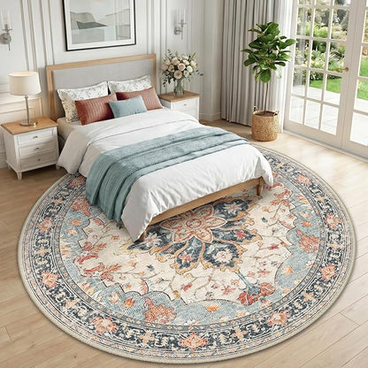 RELEANY Area Rugs Round 10ft Washable Non-Slip, Floral Vintage Distress Print Pattern Medallion Carpet for Living Room Bedroom Dining Room, Beige Navy Blue Orange Colorful