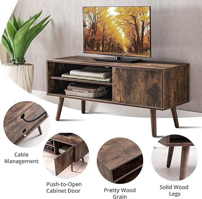 Cozy Castle TV Stand for 48-55 Inch TV, Mid Century Modern Entertainment Center with Storage Cabinet, TV Media Console with Charging Station for Living Room (Brown, 43.3" W x 15.7" D x 19.5" H)