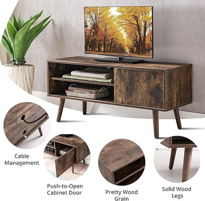 Cozy Castle TV Stand for 48-55 Inch TV, Mid Century Modern Entertainment Center with Storage Cabinet, TV Media Console with Charging Station for Living Room (Brown, 43.3" W x 15.7" D x 19.5" H)