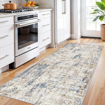3x8 Washable Non-Slip Runner Rug – Modern Abstract Neutral Wide Carpet Runner for Kitchen, Hallway, Entryway, Bathroom, Bedroom – Low-Pile Thin Floor Mat with Rubber Backing (Blue Brown)