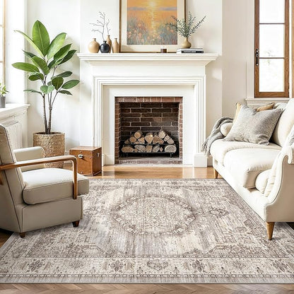 Washable Area Rugs 4x5 Entryway: Soft Ultra Thin Low Pile Mat Machine Washable Indoor Doormat Lightweight Entry Rug Anti Slip Backing Rugs for Living Room Bedroom Kitchen 4'x5' Beige