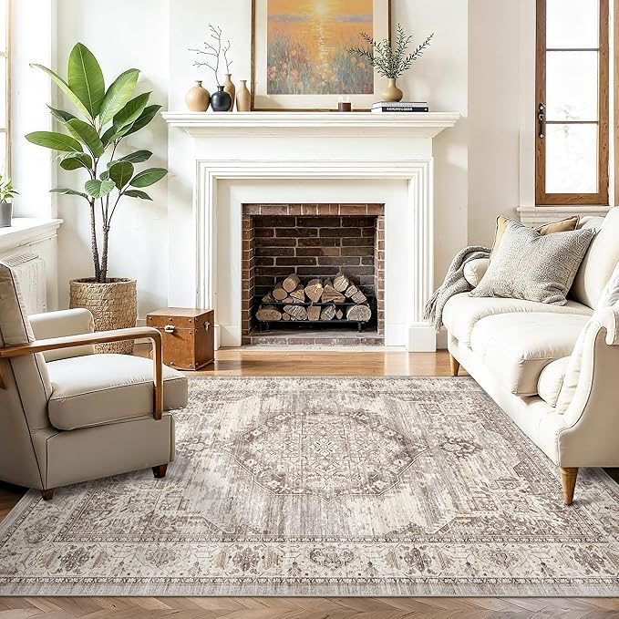 Washable Area Rugs 5x6 Entryway: Soft Ultra Thin Low Pile Mat Machine Washable Indoor Doormat Lightweight Entry Rug Anti Slip Backing Rugs for Living Room Bedroom Kitchen 5'x6' Beige