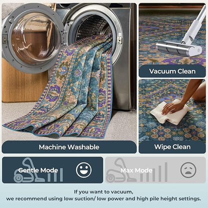 9x12 Area Rugs for Living Room, Machine Washable Low Pile Rug, Non Slip Backing Boho Rugs for Bedroom, Printed Soft Vintage Carpet Teal Green Purple 9 x 12
