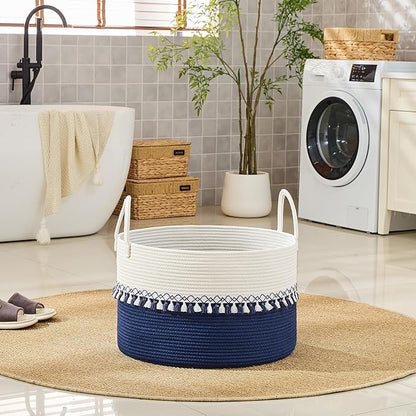 KAKAMAY Cotton Rope Storage Basket (20"x13"),Woven Hamper for Blankets,Toys,Pillows,Clothes,Laundry,Sturdy Handles Decorative Basket for Living Room, Bedroom,Nursery(Blue/Blue Fringe)