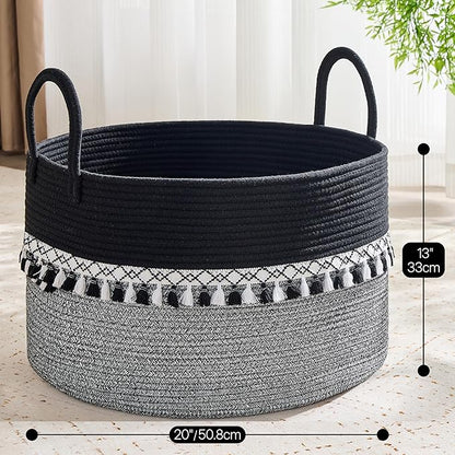 KAKAMAY Cotton Rope Storage Basket (20"x13"),Woven Hamper for Blankets,Toys,Pillows,Clothes,Laundry,Sturdy Handles Decorative Basket for Living Room, Bedroom,Nursery(Black Printing)