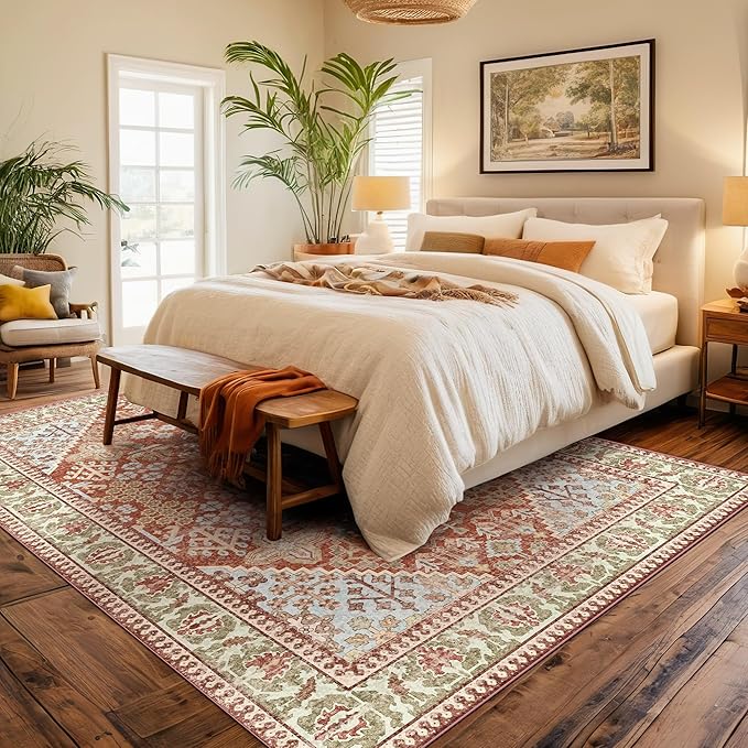 Kokia 8x10 Area Rugs for Living Room, Machine Washable Low Pile Rug, Non Slip Backing Boho Rugs for Bedroom, Printed Soft Vintage Carpet Orange 8 x 10