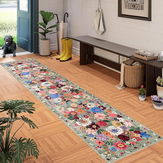 Floral Hallway Runner Green Carpet Non-Slip, 2x10 Washable Rug Ultra-Thin Soft for Hallways, Kitchen Mat Stain Resistant for Entryway Bathroom