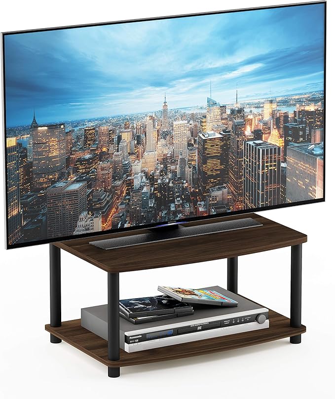 Furinno TURN-N-TUBE TV Riser Stand, 2-Tier Small Elevated No Tools TV Stand with Plastic Poles, Console for TV up to 32 inch, 15.8 x 23.8 x 11, for Living Room, Bedroom, Columbier Walnut