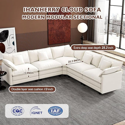 Ihanherry 114" V-Shaped Modern Sofa Modular Sectional Cloud Couch with Corner Section, 5-Seat Chenille Deep Seat Sofa with 5 Pillows for Living Room, Bedroom and Apartment, Beige