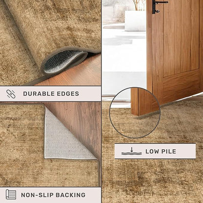 Hazo Haus Large Gold Brown Area Rug for Living Room Table – Rustic Farmhouse 10x12 Washable Rug for Dining Room, Bedroom Under Bed, Non-Slip with Rubber Backing & Stain Resistant