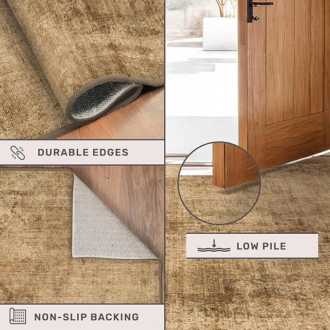 2'6"x8' Brown and Gold Kitchen Runner Rugs Non Skid Washable - 8ft Long Rugs for Hallway, Vintage Abstract Design Entryway Carpet, Neutral Dark Farmhouse Medallion Decor