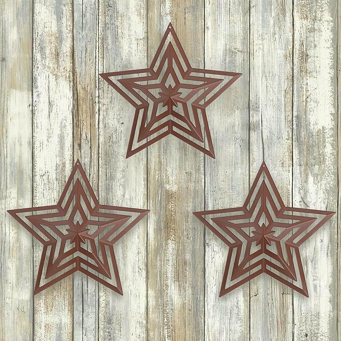 CVHOMEDECO. Primitives Rustic Antique Vintage Gifts Cut-Outs Metal Barn Star for Wall/Wreath/Door Decor, 8-Inch, Set of 3.(Brown)