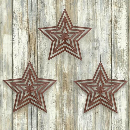 CVHOMEDECO. Primitives Rustic Antique Vintage Gifts Cut-Outs Metal Barn Star for Wall/Wreath/Door Decor, 8-Inch, Set of 3.(Brown)