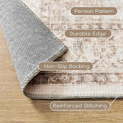 BILEEHOME Boho Neutral Living Room Rug 5x7,Washable Vintage Rustic Earth Tone Modern Farmhouse Persian Area Rugs for Dining Room Bedroom, Light Tan Brown Beige with Rust Terracotta Pattern