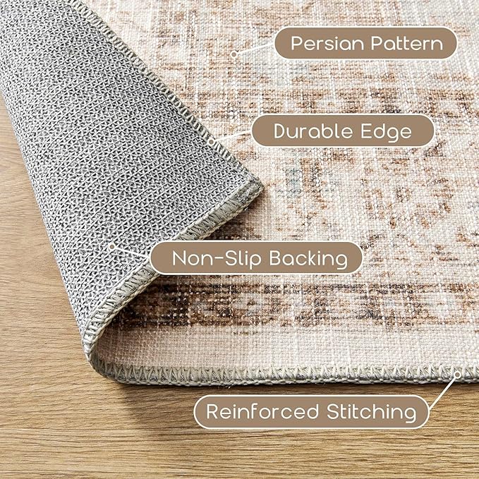 BILEEHOME Boho Farmhouse Bedroom Rug Washable Easy Clean Stain Resistant Vintage Country Rustic Neutral Persian Area Rug for Dining Room Under Table,Light Tan Brown Beig with Terracotta Pattern,5x8