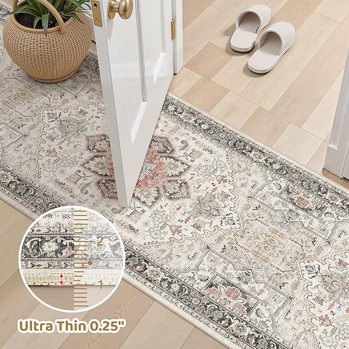 Area Rug for Living Room - 3x8 Large Soft Washable Oriental Vintage Floral Carpet Safe for Babies & Pets - Fade Stain Resistant Non Slip Rugs for Bedroom Dining Room Nursery Dorm Office Home Decor