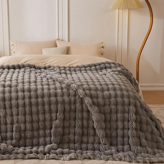 COOVA Faux Fur Throw Blanket for Couch, Cozy Soft and Fuzzy Plush Rabbit Fur Bubble Blanket for Sofa Bedroom Living Room, 60x80 Inches Grey
