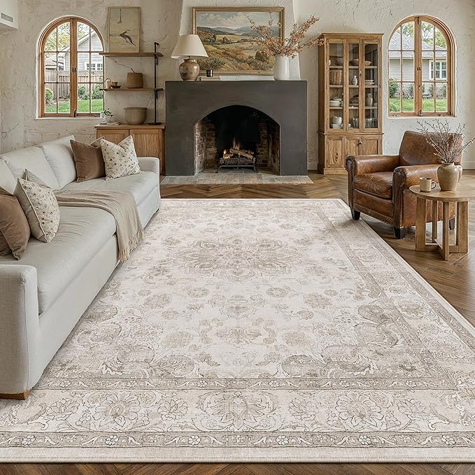 PureCozy Beige Area Rug 9x12 Washable Vintage Living Room Bedroom Carpet Non Slip Soft Low Pile Distressed Medallion Indoor Floor Retro Throw Large Rug for Dining Room Office