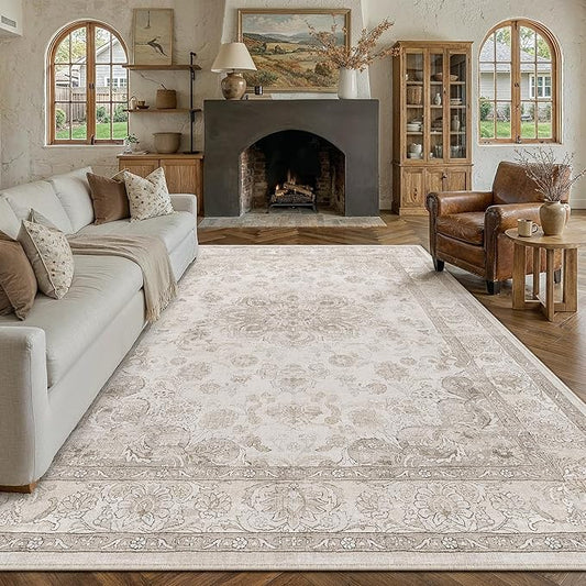 PureCozy Beige Area Rug 8x10 Washable Vintage Living Room Bedroom Carpet Non Slip Soft Low Pile Distressed Medallion Indoor Floor Retro Throw Large Rug for Dining Room Office