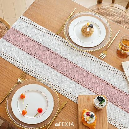 FEXIA Boho Table Runner Summer Home Decor with Tassels 72 Inches Long Pink Farmhouse Rustic Table Runner Burlap Centerpieces for Tables Decoration for Living Room (12x72 Inches)