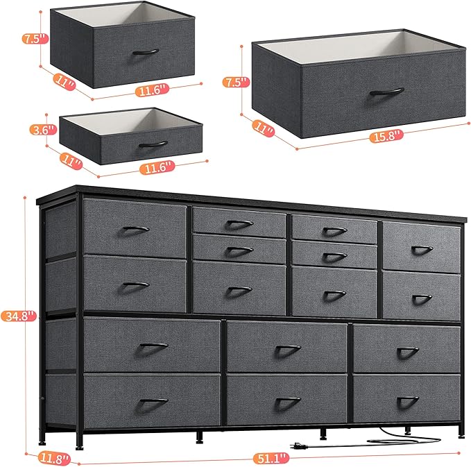 16 Drawers Long Dresser for Bedroom, 51"W Dressers with Power Outlets for 60"Inch TV for Living Room, Entertainment Center with Storage, Media TV Stand Console Table 51.1''W*11.8''D*34.8''H, Grey