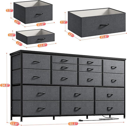 16 Drawers Long Dresser for Bedroom, 51"W Dressers with Power Outlets for 60"Inch TV for Living Room, Entertainment Center with Storage, Media TV Stand Console Table 51.1''W*11.8''D*34.8''H, Grey