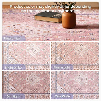 Kokia 6x9 Area Rugs for Living Room, Machine Washable Low Pile Rug, Non Slip Backing Boho Rugs for Bedroom, Printed Soft Vintage Carpet Peach Pink 6 x 9