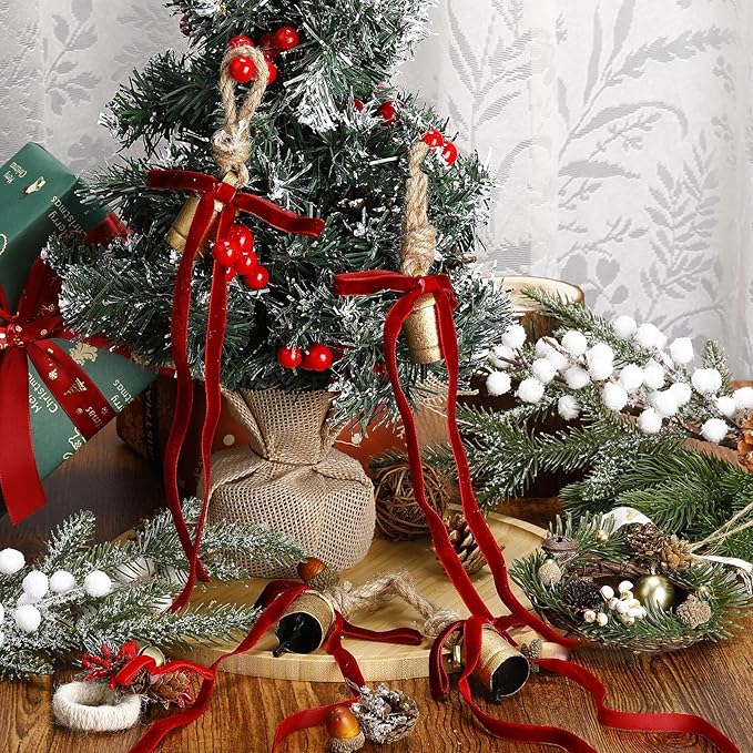 Suncalla 6 Pcs Rustic Gold Bells with 6 Pcs Burgundy Velvet Bows Mini Handmade Hanging Ornament Decorative Antique Bells Velvet Bows for Xmas Tree Crafts Door Wreath Decoration DIY Party Supplies