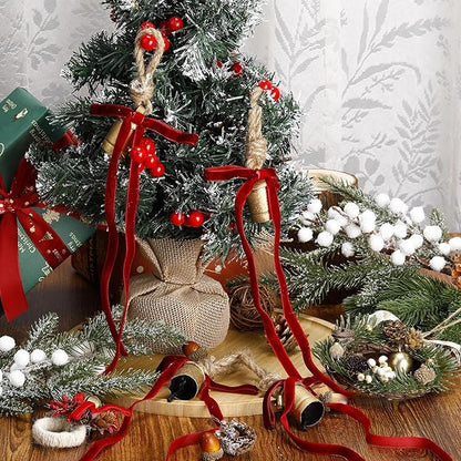 Suncalla 6 Pcs Rustic Gold Bells with 6 Pcs Burgundy Velvet Bows Mini Handmade Hanging Ornament Decorative Antique Bells Velvet Bows for Xmas Tree Crafts Door Wreath Decoration DIY Party Supplies